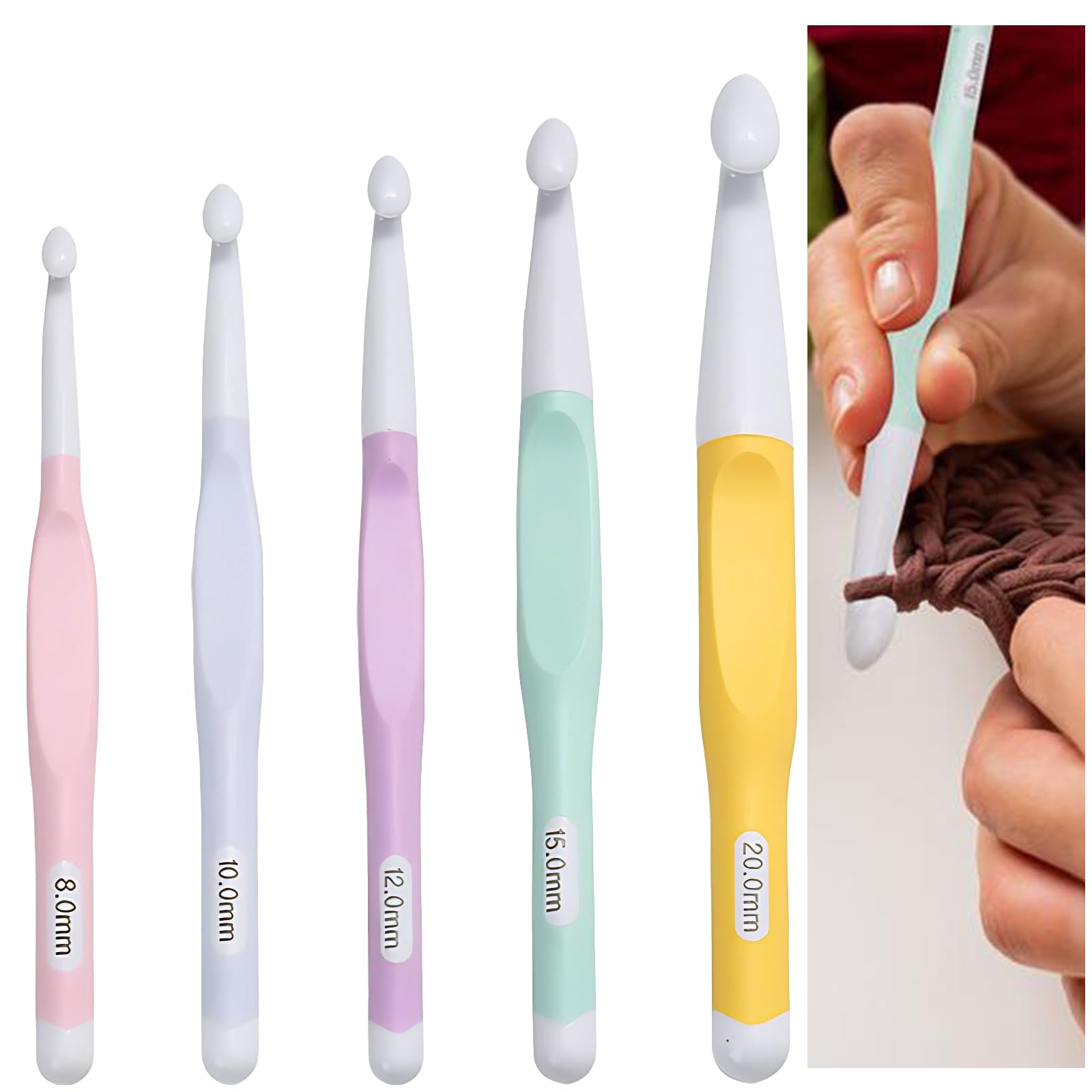 5 Pcs Large Crochet Hooks Set, 8mm 10mm 12mm 15mm 20mm Plastic Big Crochet Hooks for Chunky Yarn with Ergonomic Handle, Large Sizes Crochet Hook for Beginners Knitting Blankets Shawl and Carpet