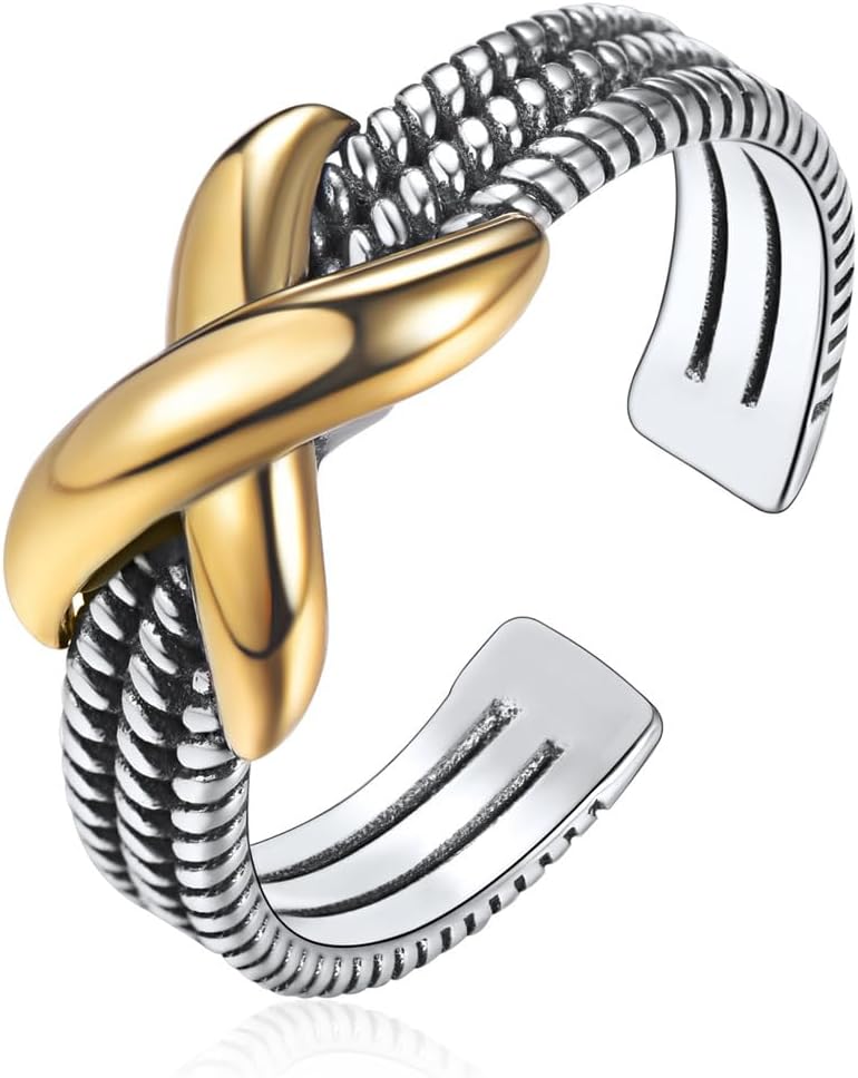 ChicSilver Retro Cuban Link Chain/Criss Cross Rings 925 Sterling Silver and Brass Oxidized Ring Open Adjustable Rings for Women