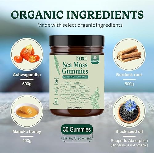 Miniatura 2 de Gomitas de musgo marino 16 en 1 Gomitas irlandesas de masa marina para mujeres y hombres con aceite de semilla negra, raíz de bardana, vejiga, miel