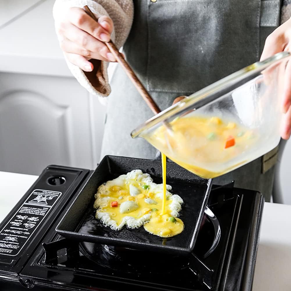 CANDeal Tamagoyaki Japanese Omelette Pan Cast Iron Wooden Handle,Grill Pan for Stove Top, Non Coating Cast Skillet Omelet Rolled Egg Pan