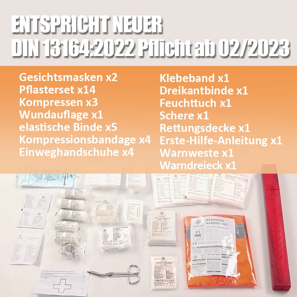 NEWGO Trousse de premiers secours pour voiture conforme à la norme actuelle 2025 [conforme à la norme européenne] Boîte de premiers secours DIN 13164 avec gilet de sécurité, triangle de signalisation