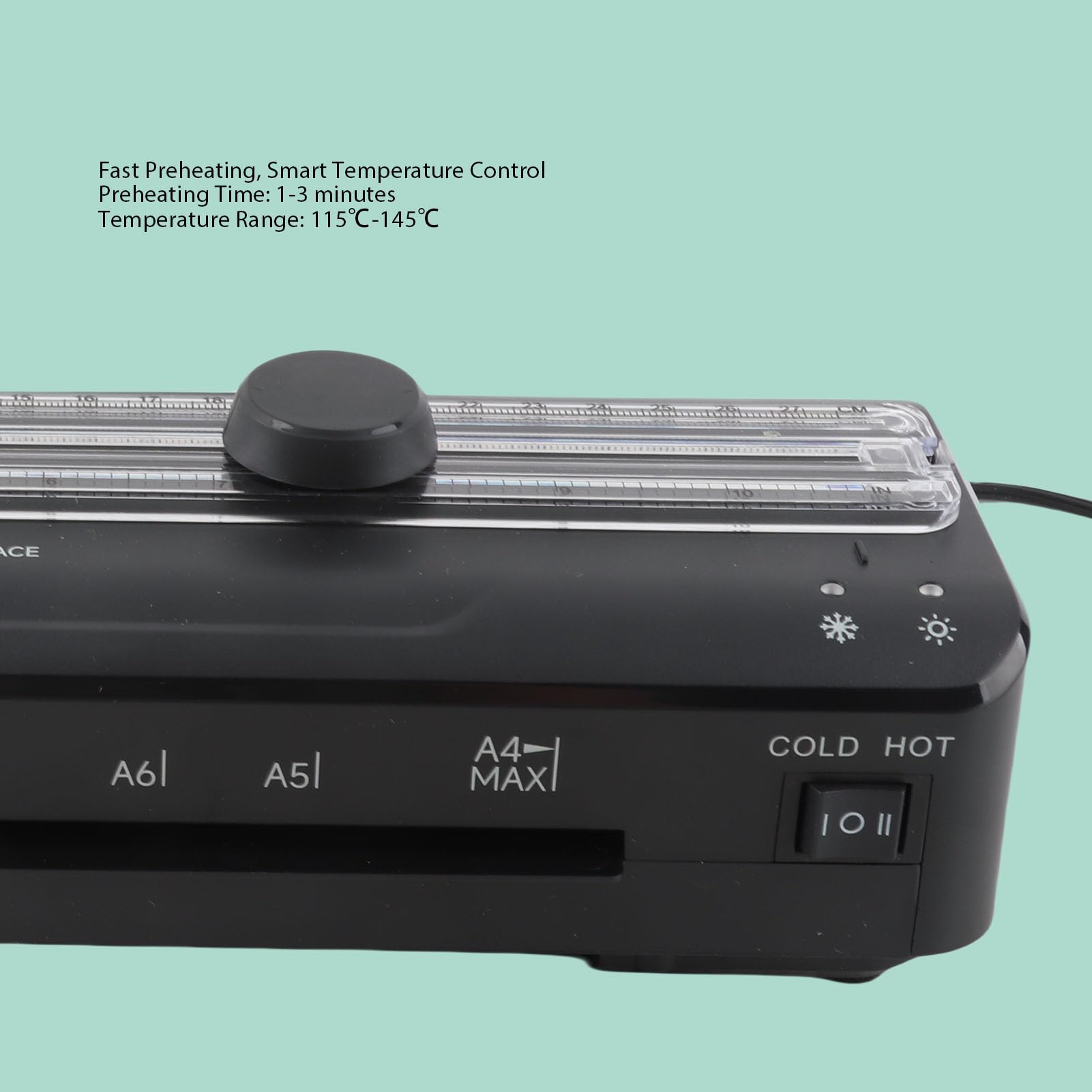 Kompaktowy laminator A4 z obcinaczem skali i kwarcowym drutem grzejnym do zdjęć i dokumentów, prędkość 320 mm na minutę, szerokość wejścia 230 mm, wtyczka EU AC 220–240 V,
