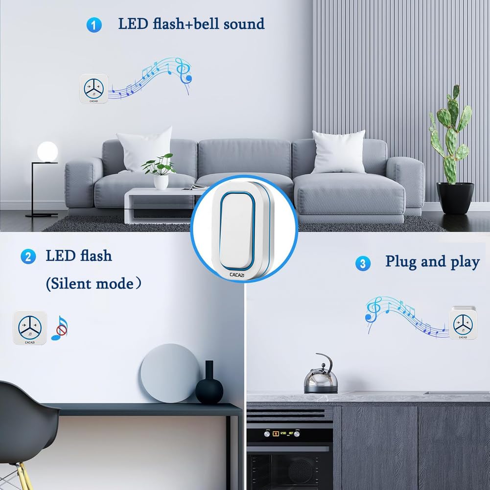 Timbre Inalámbrico con Pilas,LED Timbre Inalámbrico Exterior Impermeable IP66 con 2 Receptores,300M Alcance,6 Niveles de Volumen y 48 Melodías para Casa,Hotel,Oficina,Emergencia etc,Negro