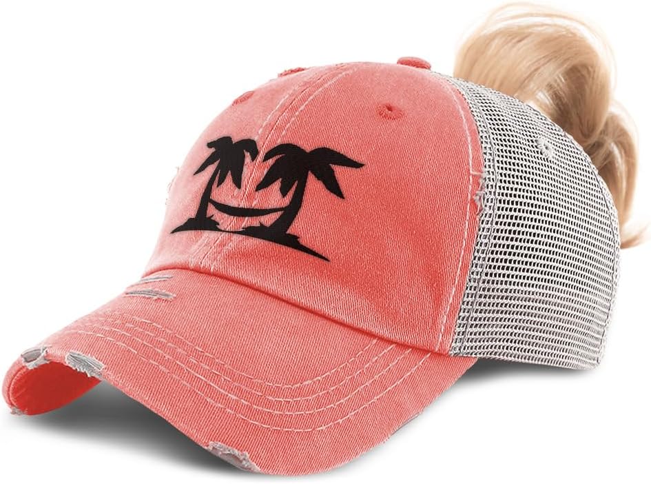 Speedy Pros Ponytail Cap Women's Baseball Cap Embroidered Black Palm Trees and Hammock Embroidery Cotton