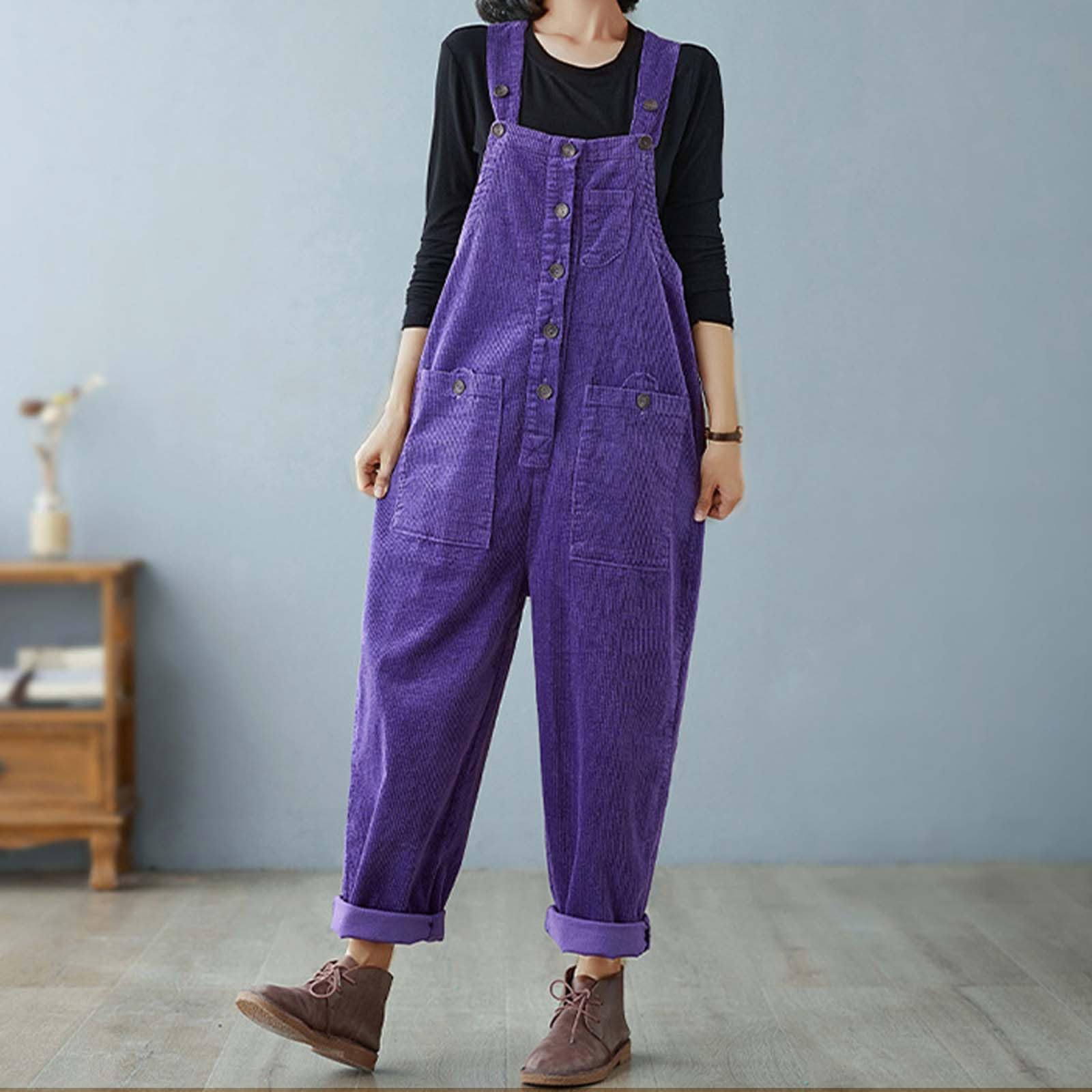 Generisch Warme Corduroy Overalls for Damen Loose Fit Adjustable Straps Long Bib Pants Wide Leg Jumpsuits with Pockets Frauen Normale Lockere Passform Cord Hosen Lässigbaggy Overall