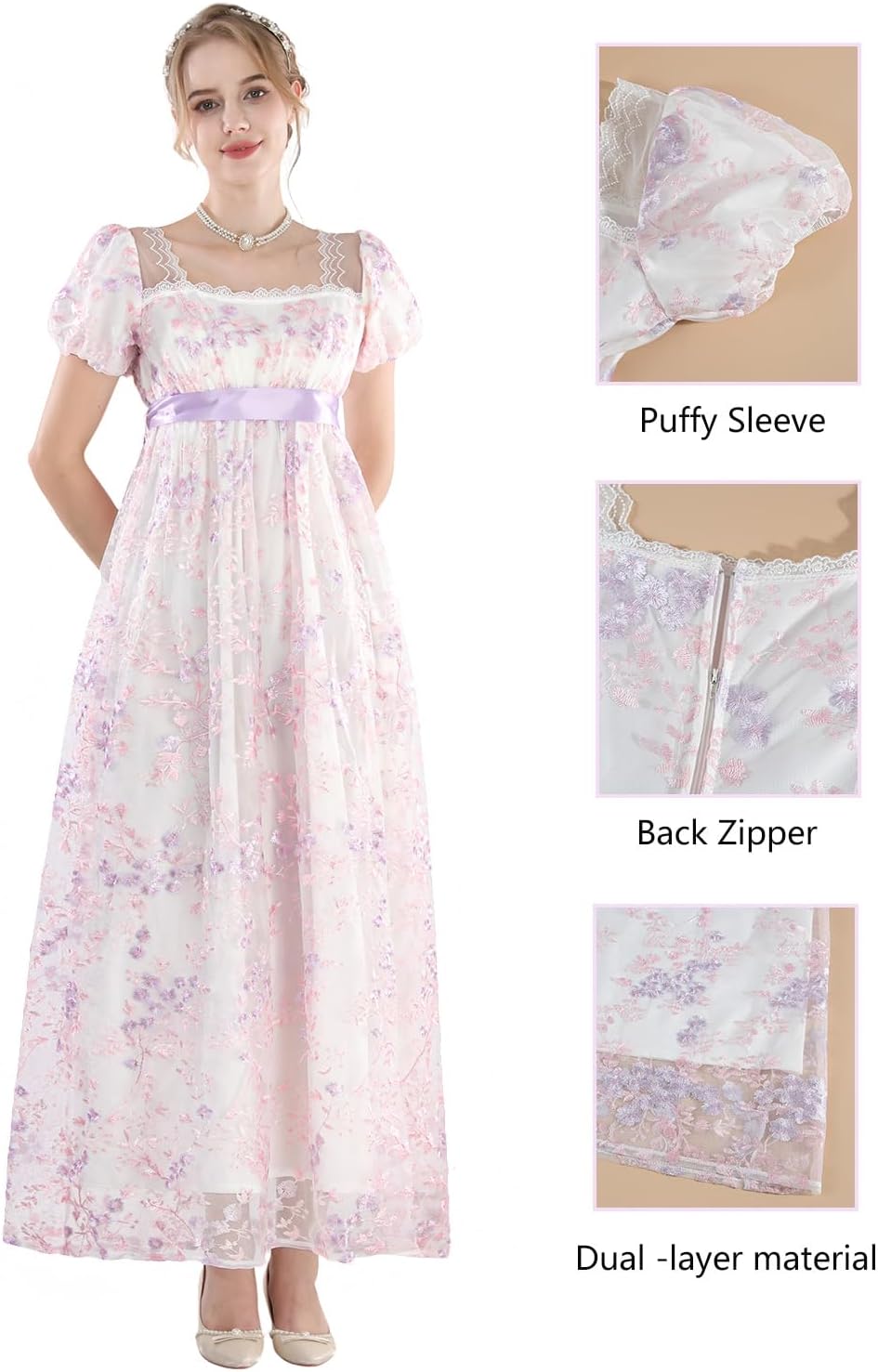 FCCAM Regency Dresses for Women Puffy Sleeves Victorian Dress Costume Empire Waist Regency Ball Gown - Image 4