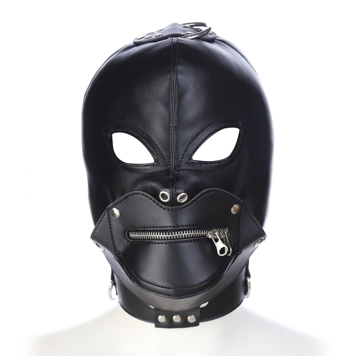 Black Faux Leather Bdsm Mask, Zip Mouth Bondage Hood, Open Eye Gimp Mask For Cosplay. Couples Restraint Roleplay Sex Toy