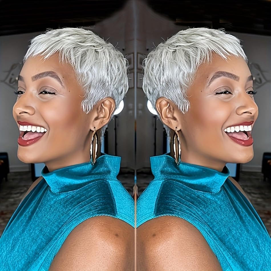 Condition photo showing New/Like New for grey pixie cut hair wig with bangs for daily wear gray short human hair pixie cut glueless layered wig wavy grey wigs for party cosplay daily use glueless full machine made wigs