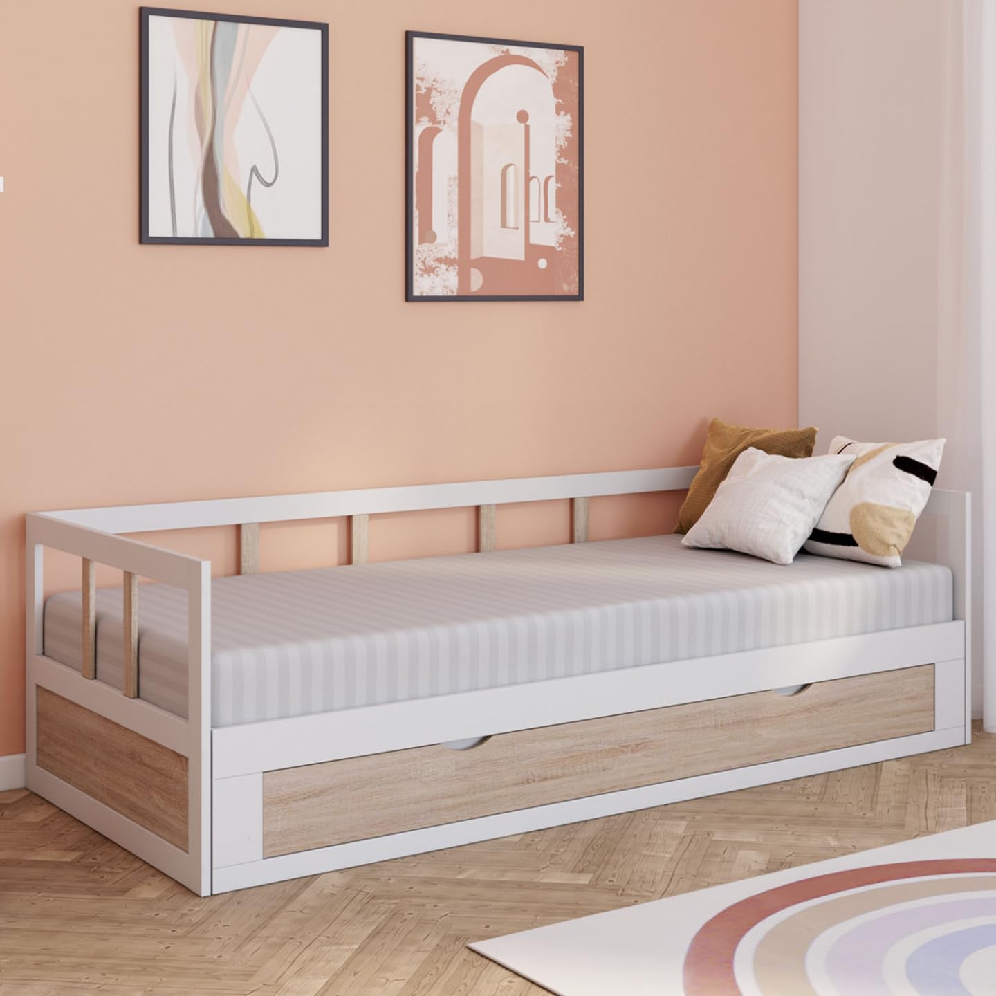 IDMarket - Lit Banquette 90 x 190 cm Zoya Convertible 180 x 190 cm Blanc et hêtre avec 1 tiroir de Rangement