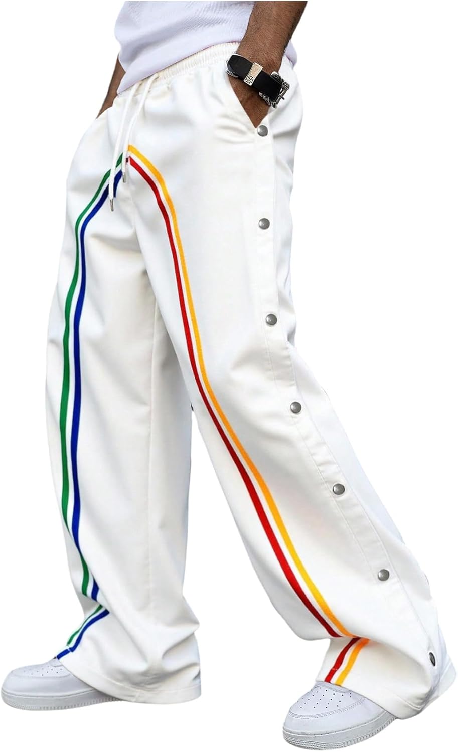 Men's Striped Baggy Sweatpants Y2k Side Button Drawstring Waist Straight Leg Stacked Track Pants with Pocket