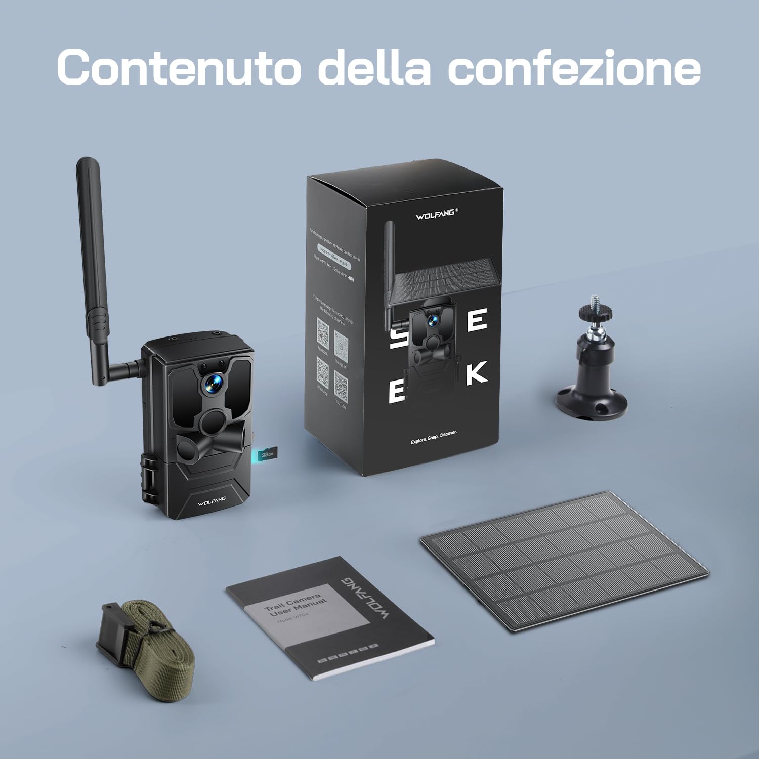 WOLFANG Fototrappola, 4G LTE Fototrappola Solare 2.5K con Scheda SIM Preinstallato e SD, Fotocamera con Allarme, Visione Notturna, Angolo 120° 82ft, Tempo di Scatto 0,2s, IP66 Impermeabile, Nero