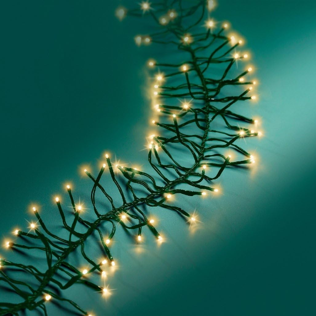 Lumineo 1128 LED Soft Gold Cluster Christmas Lights, 34.8 Ft Twinkle String Lights, Soft Gold, Green Wire, Indoor Outdoor, 8 Functions with Timer