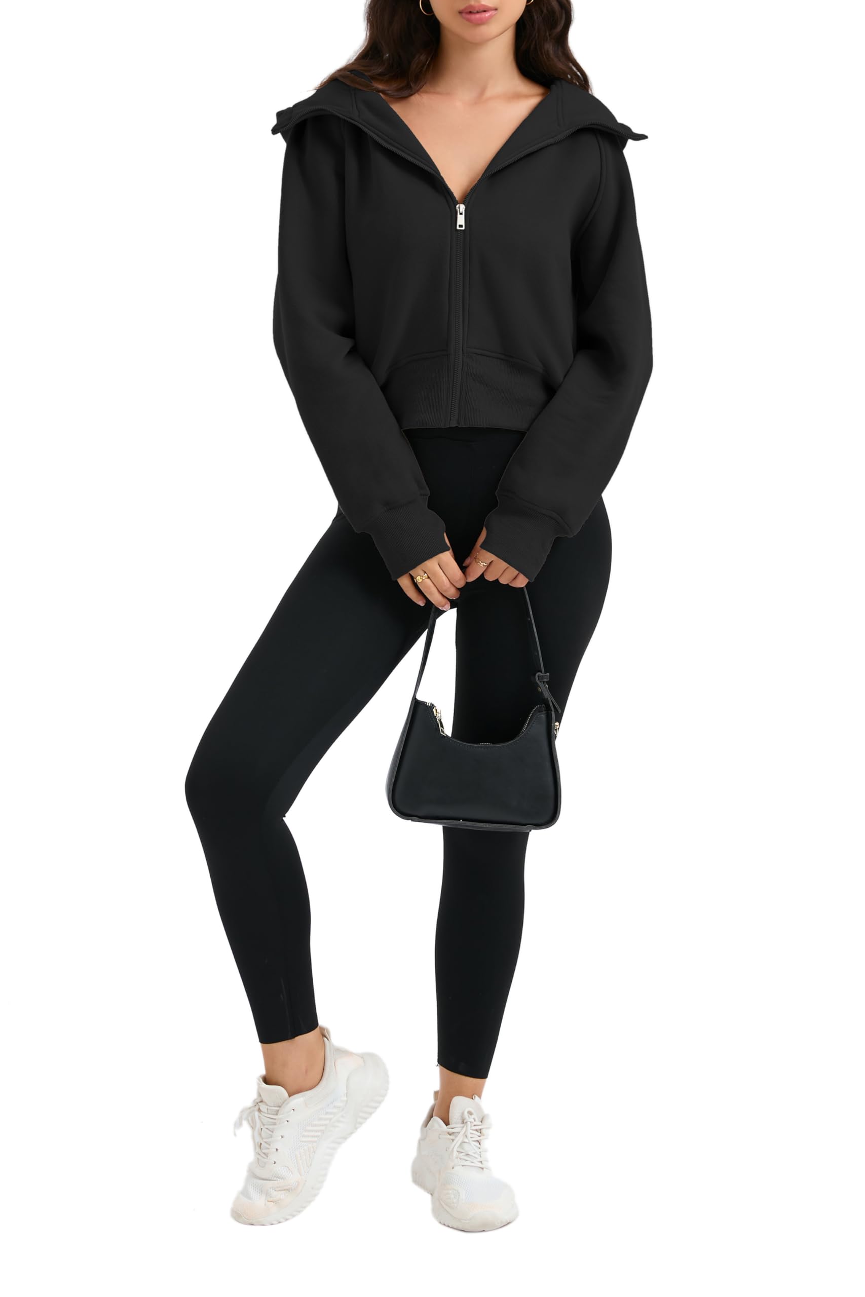 Timuspo Damen Cropped Hoodie Kurz Sweatjacke mit Kapuze Zip Up Kapuzenjacke Fleece-Innenfutter Kapuzenpullover Reißverschluss Herbst Winter Sweatshirt Jacke