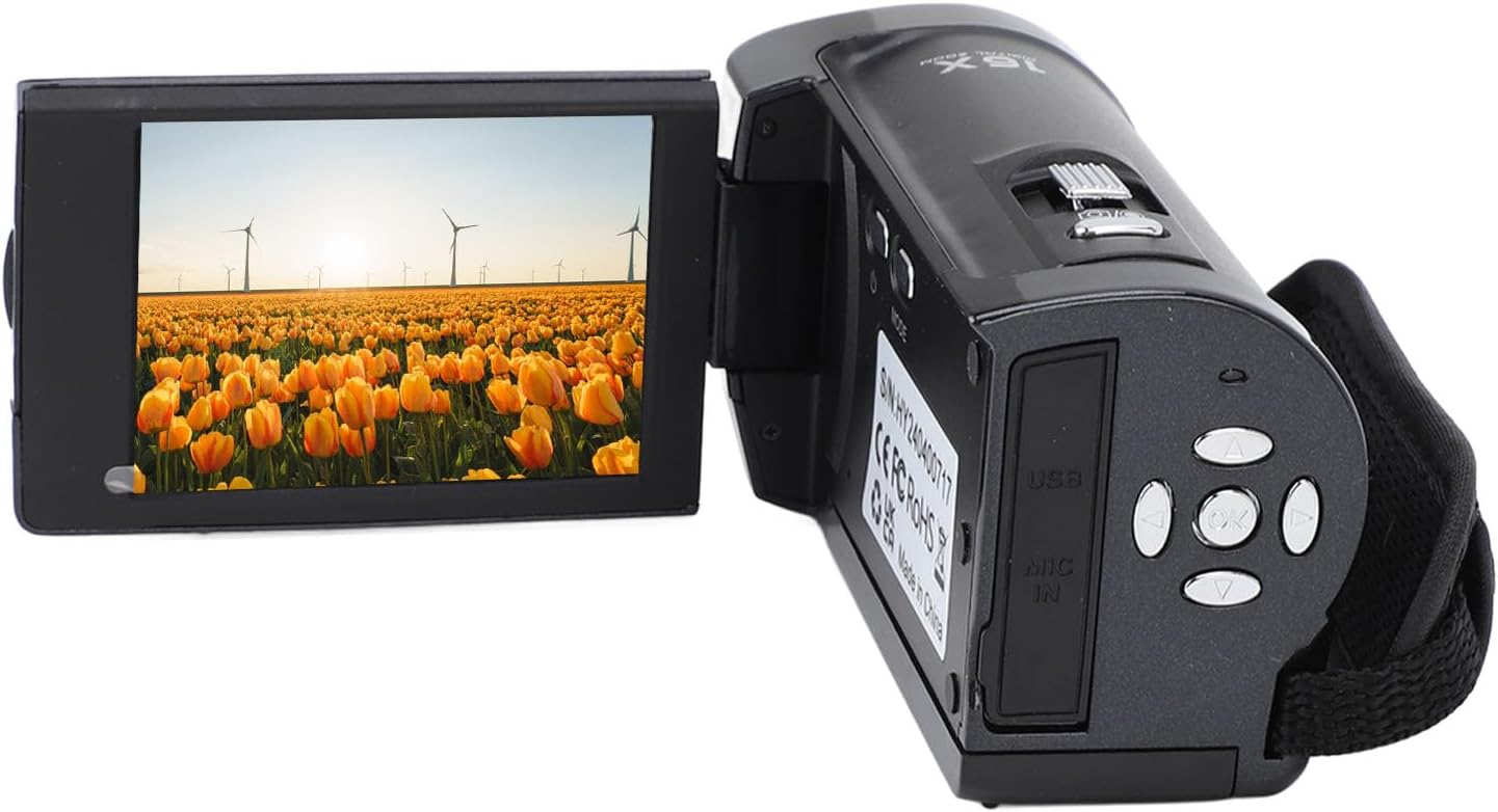Side view of the Yoidesu 2.7K HD Camcorder with screen open, showing controls