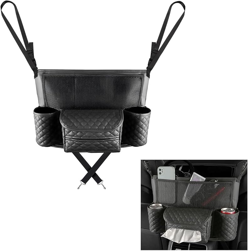 Organizador para Bolsa entre os Bancos DXNQ em Couro PU com Porta-Tecidos, Porta-Copos e Bolsos – Preto