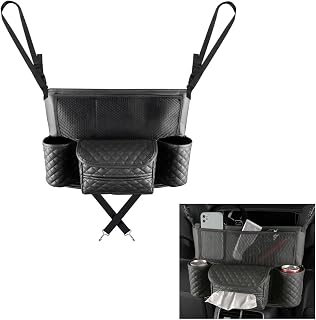 DXNQ Car Purse Holder Between Seats, Luxury Leather Front Seat Back Handbag Organizer with Tissue Box Cup Holders, Auto Large Capacity Multi Pocket Purse Holder Hanging Storage Bag (Black)