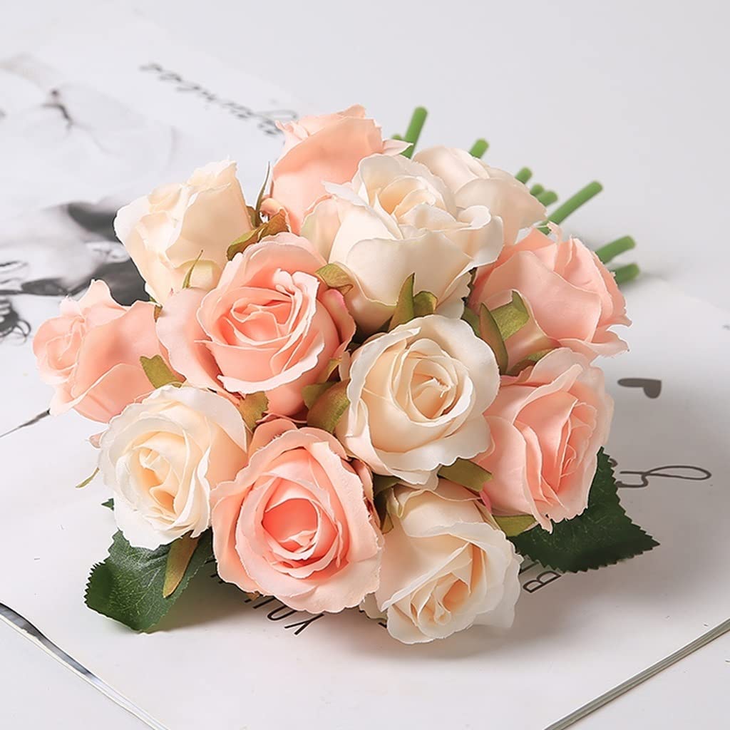 Künstlicher Blumenstrauß, 12 künstliche Rosenköpfe, Seidenrosen-Arrangement, geeignet für Familienfeiern, Braut- und Hochzeitsdekoration, Imitation