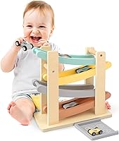 Vanplay Wooden Car Ramp Race Track Toys for 1-3 Year Old Toddlers - Montessori Gifts with 4 Mini Cars, Birthday Present for Boys Girls