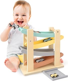 Vanplay Wooden Car Ramp Race Track Toys for 1-3 Year Old Toddlers - Montessori Gifts with 4 Mini Cars, Birthday Present for Boys Girls