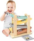 Car Ramp Toys for One Year Old Boy Birthday Gifts, Wooden Montessori Toys for 1 2 Year Old, Race Track Truck Toy with 4 Mini Cars/1 Parking Lot, First Christmas Birthday Gifts for Toddlers 1-3-2-4