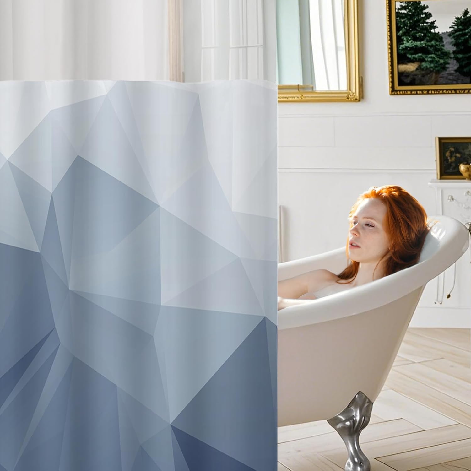 No Hook Shower Curtain with Snap in Liner and Sheer Window, Blue Modern Geometric Fabric Shower Curtain Set for Bathroom Decor, 15-Second Quick Install, Abstract Irregular Ombre, 71"X74"