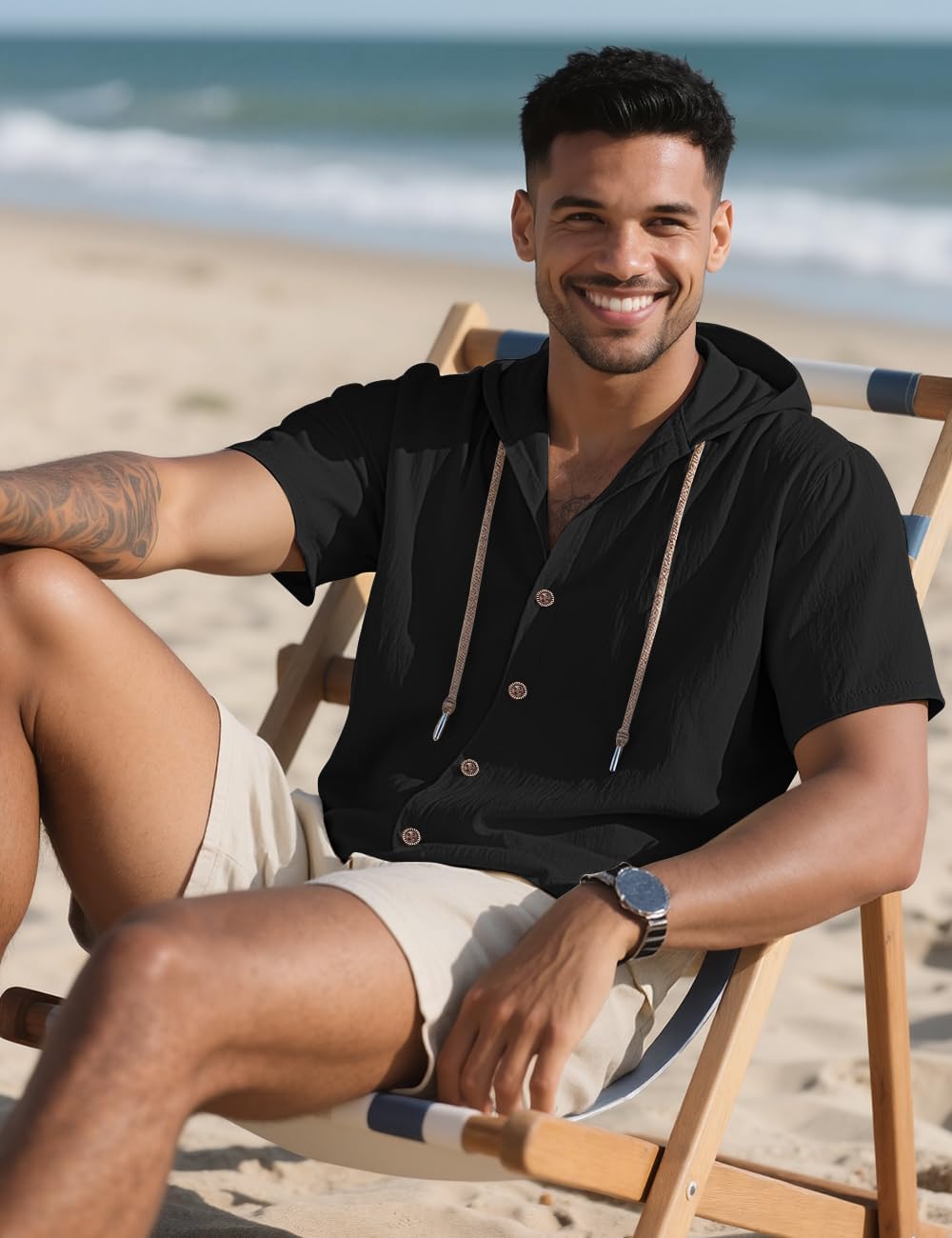 Men's Cotton Linen Shirts Short Sleeve Casual Sweatshirts Button Down Summer Beach Wedding Shirts with Hoodies - Image 4