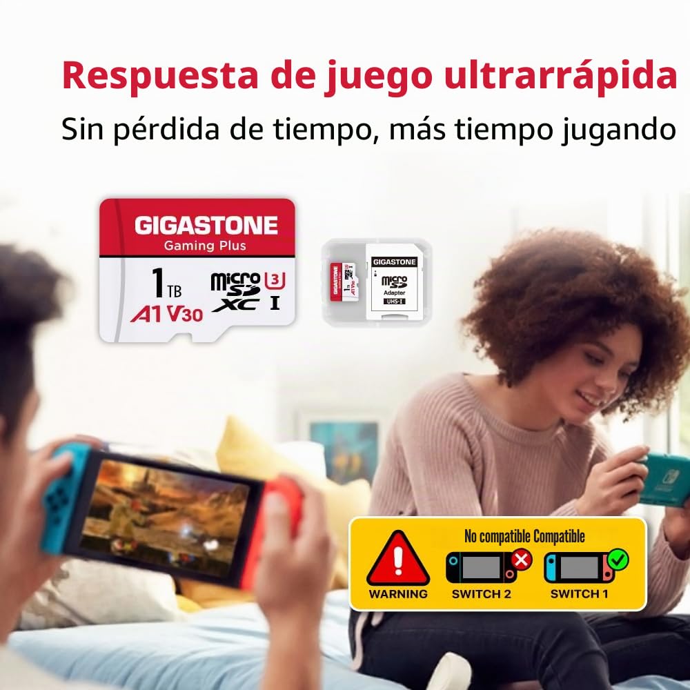 【Solo para Switch 1】 GIGASTONE Tarjeta MicroSDXC de 1TB (Gaming Plus) con Lector USB Tipo C, Compatible con Switch 1, Video 4K, UHS-I A1 U3 V30 C10, Velocidad de hasta 150 MB/s.