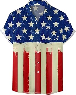 CEWIFO Men Shirts Long Sleeve Slim Fit Mens Independence Day Flag Printing Personalized Fashion Lapel Button T Shirt Shirt Short Sleeve Shirt Red and Blue Color Matching Long Sleeve Shirt Pack