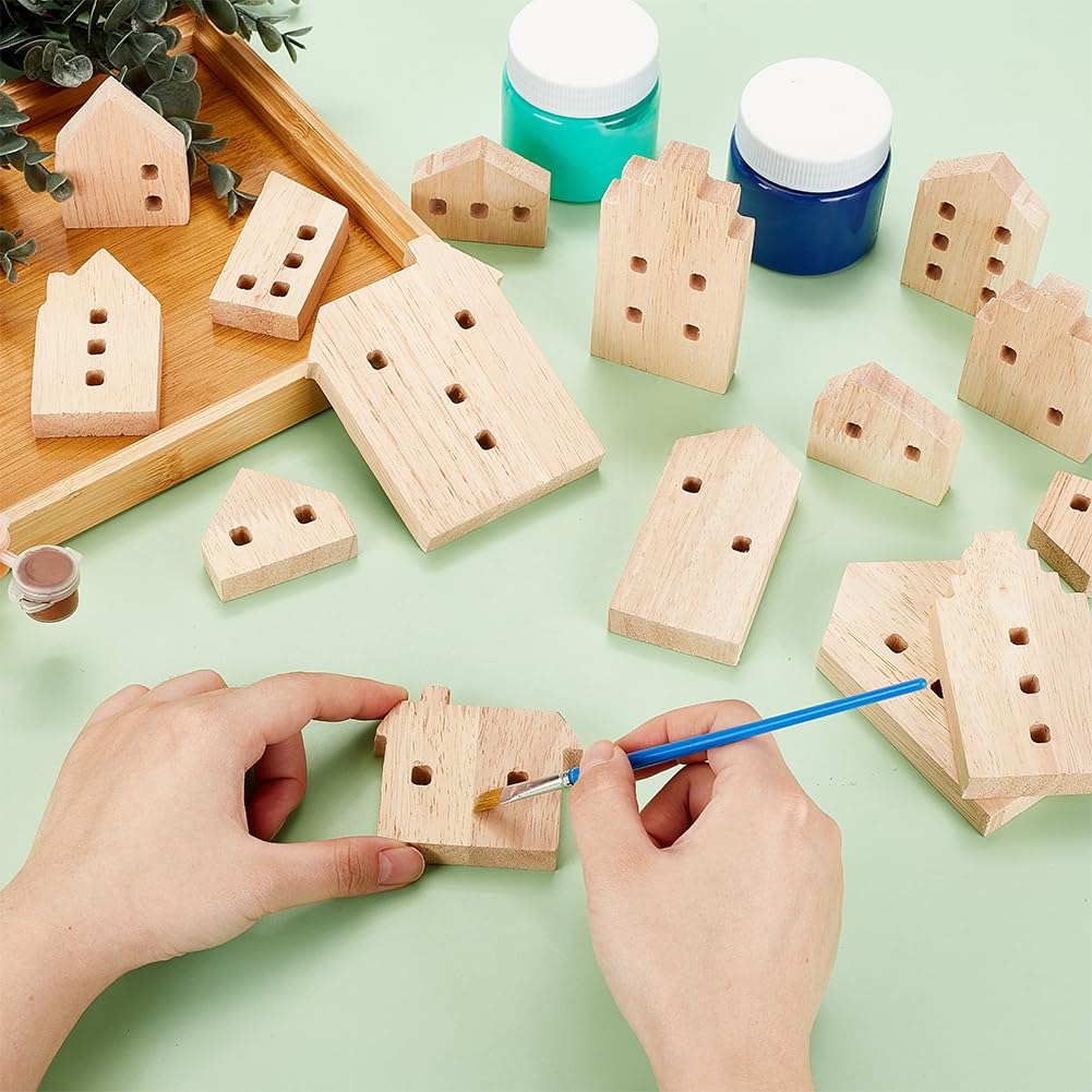 OLYCRAFT 15 Pcs Unfinished Wooden House Shaped Blocks - 15 Styles for Home Decor, House With Hole - Image 3