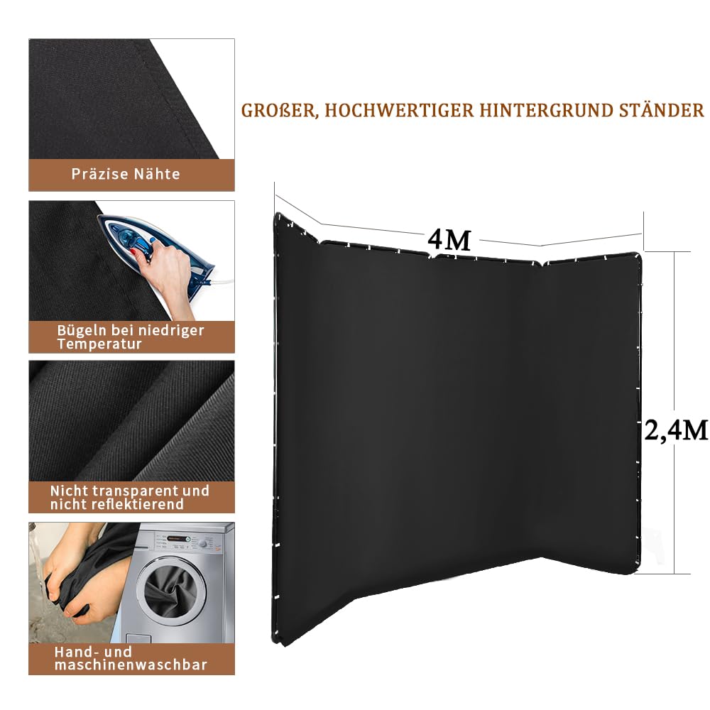 4m x 2,4m Großer Schwarzer Polyester Foto Hintergrund Ständer | Tragbar und Faltbar Backdrop für Live-Übertragungen, Charakterfotografie, Hochzeitsbühnen, Fotostudios, Online-Konferenzen