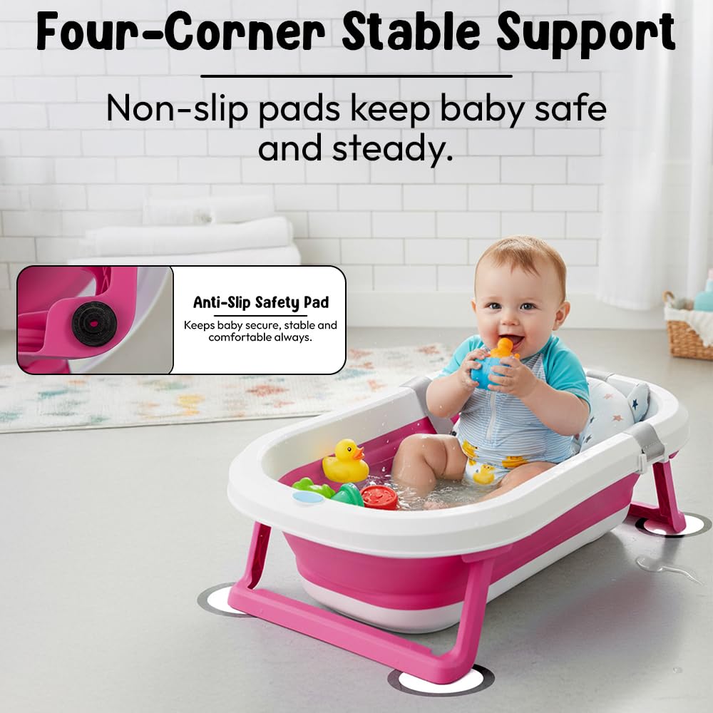 StarAndDaisy Bath Tub for Baby 0-5 Years/Foldable Bath tub for Kids with Cushion, Space Saving Design, Newborn Baby Folding Bathing Tub Girls & Boys, Easy to Store- Pink 2