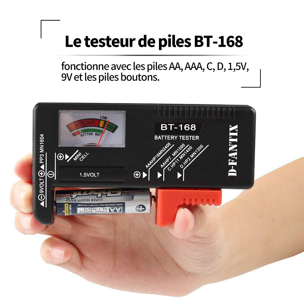 D-FantiX Testeur de Piles Universel BT-168 pour AA AAA C D 9V 1.5V