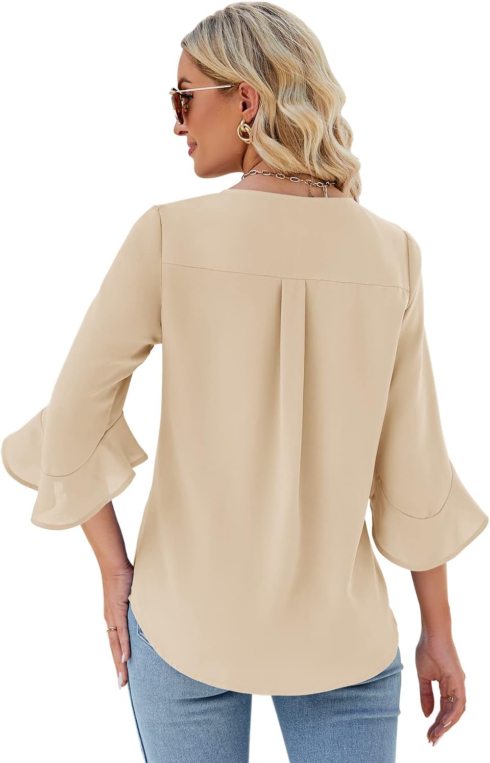 Qirno Chiffon Blouses for Women Ruffle 3/4 Sleeve Dressy V Neck Casual Flowy Tunic Tops - Image 2