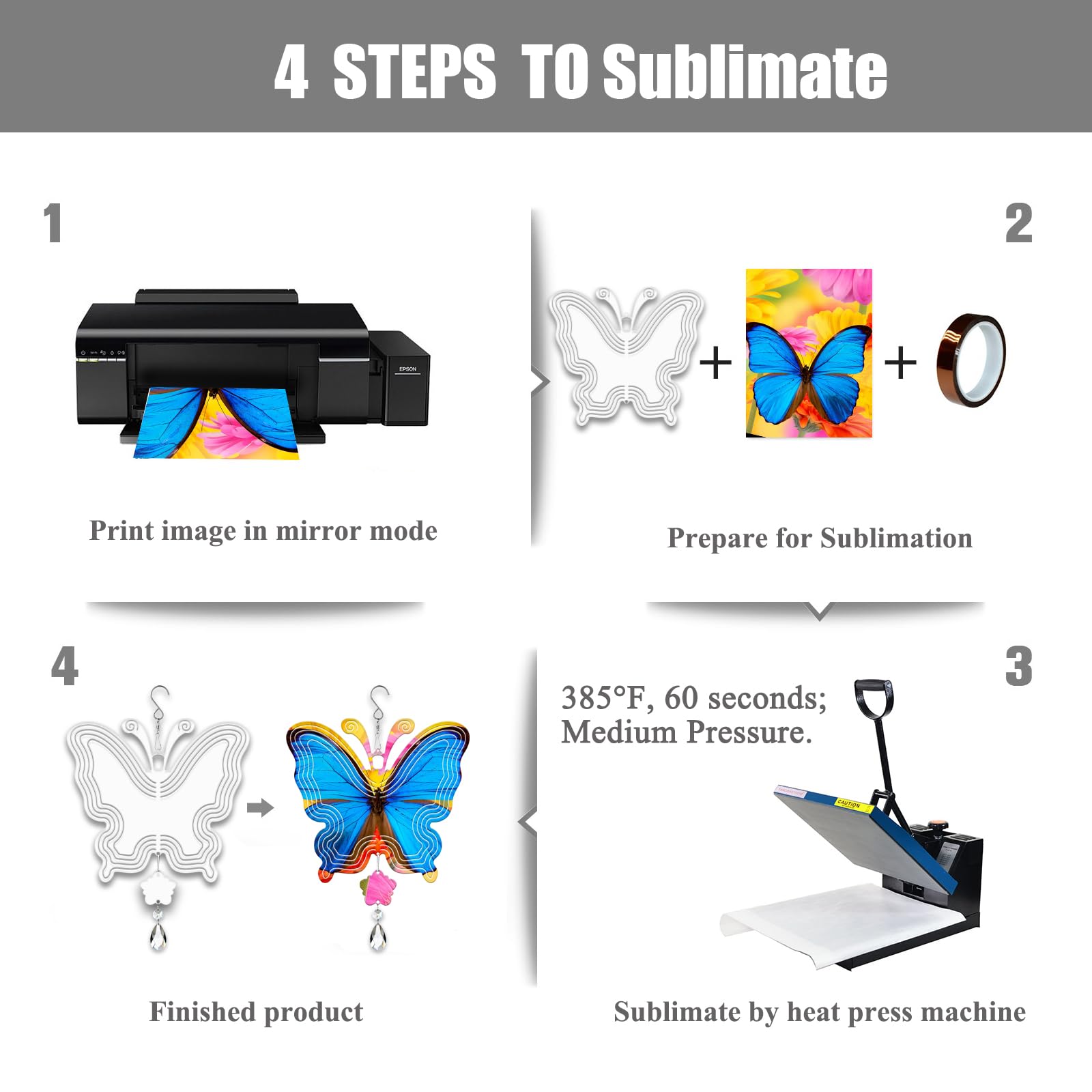 Lot de 4 éoliennes cinétiques en aluminium 3D avec sublimation pour cour et jardin, décoration d'intérieur à suspendre (nouveau papillon) 20,3 cm