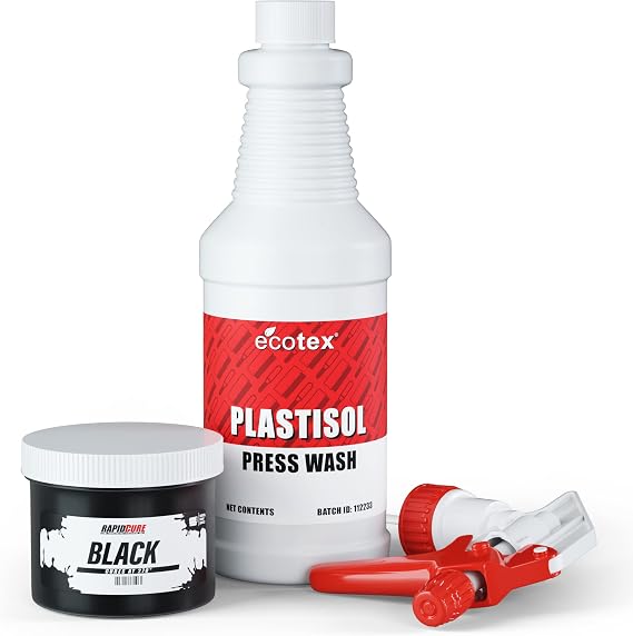 Rapid Cure Black Plastisol Ink (8 oz.) and Ecotex Plastisol Press Wash (Pint - 16oz.) - Ink for Screen Printing Fabric, Screen Printing Cleaner/Degreaser - Silk Screen Press Wash/Plastisol Ink