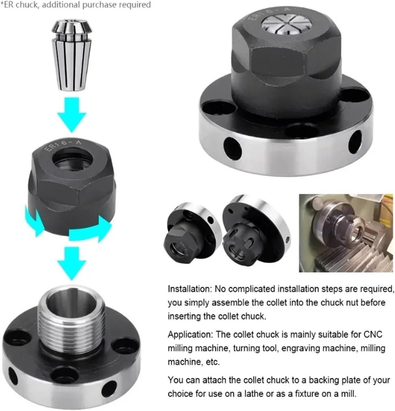80mm/100mm/125mm Diameter ER16 ER20 ER25 ER32 ER40 Collet Chuck high Accuracy Carbon Steel Fixing Holder For CNC Milling(ER40-D125(7 Holes))