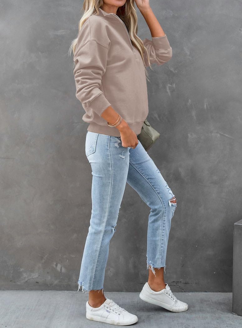 Dressmine Womens Quarter Zip Pullover Casual Long Sleeve Shirts Half Zip Sweatshirt 2026 Trendy Spring Clothes