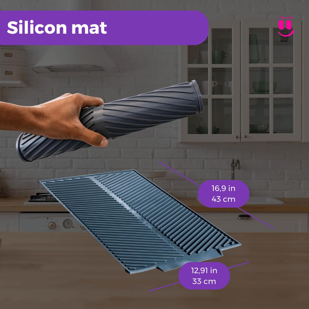Mejora tu cocina con nuestro juego de escurridor de platos enrollable 3 en 1, incluye escurridor de platos de acero inoxidable sobre el fregadero, alfombrilla de silicona resistente al calor y