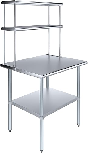 Amgood Mesa de trabajo de acero inoxidable, estante ancho de doble nivel, mesa de preparación de cocina y estantería de metal (mesa de trabajo de 30