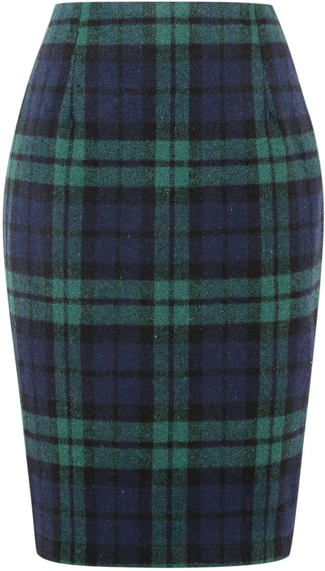IDEALSANXUN Plaid Skirts for Women Fall Winter Knee Length Pencil Wool Skirt with Slit