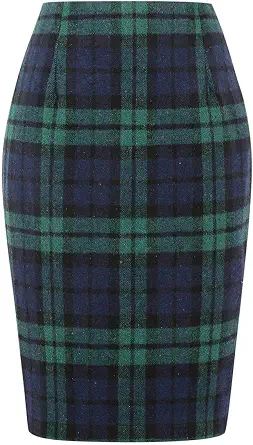  Plaid Skirts for Women Fall Winter Knee Length Pencil Wool Skirt with Slit