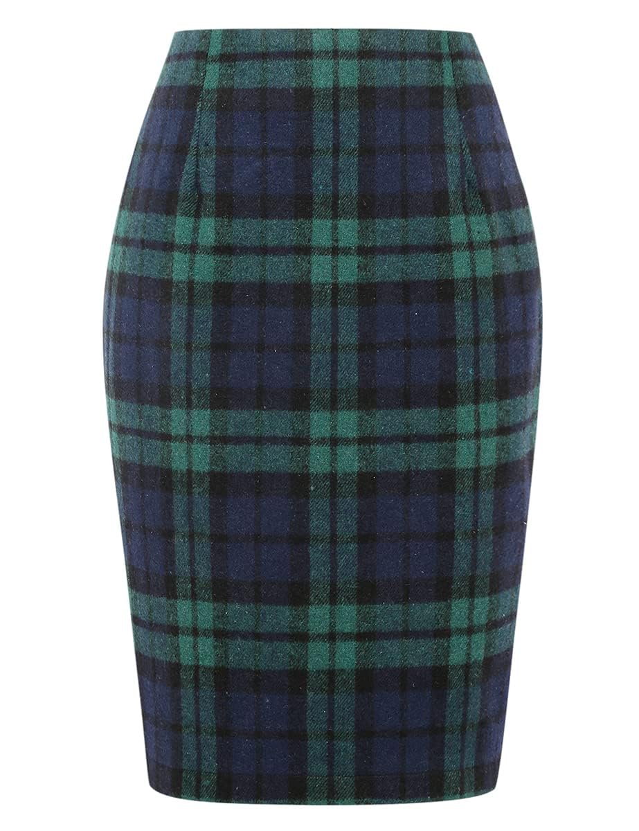 IDEALSANXUN Plaid Skirts for Women Fall Winter Knee Length Pencil Wool Skirt with Slit, Green, L
