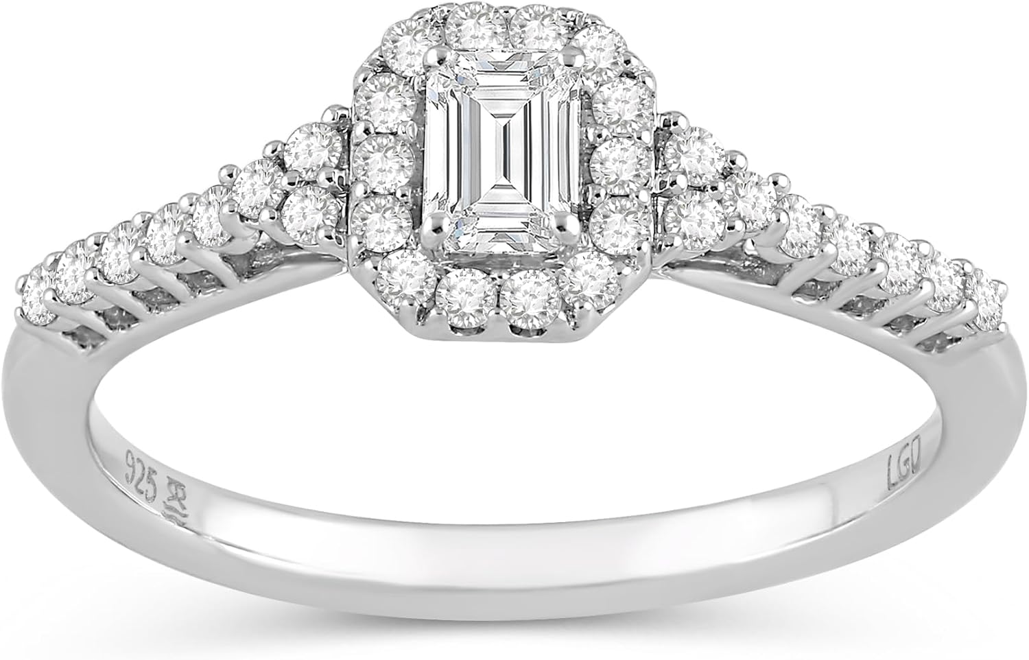 Jewelili 0.50 CTW Lab Grown Diamond Promise Ring for Women | 925 Sterling Silver | Emerald and Round Cut Engagement Ring | Size 6, 7 & 8 | Luxury Jewelry with Gift Box