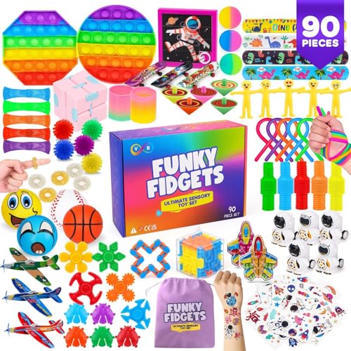 VB Fidget Toys Pack 90-Pcs Kids Sensory Toys with Popper Cube Tubes Stress Balls Party Favours Classroom Prizes Anxiety Stress Relief