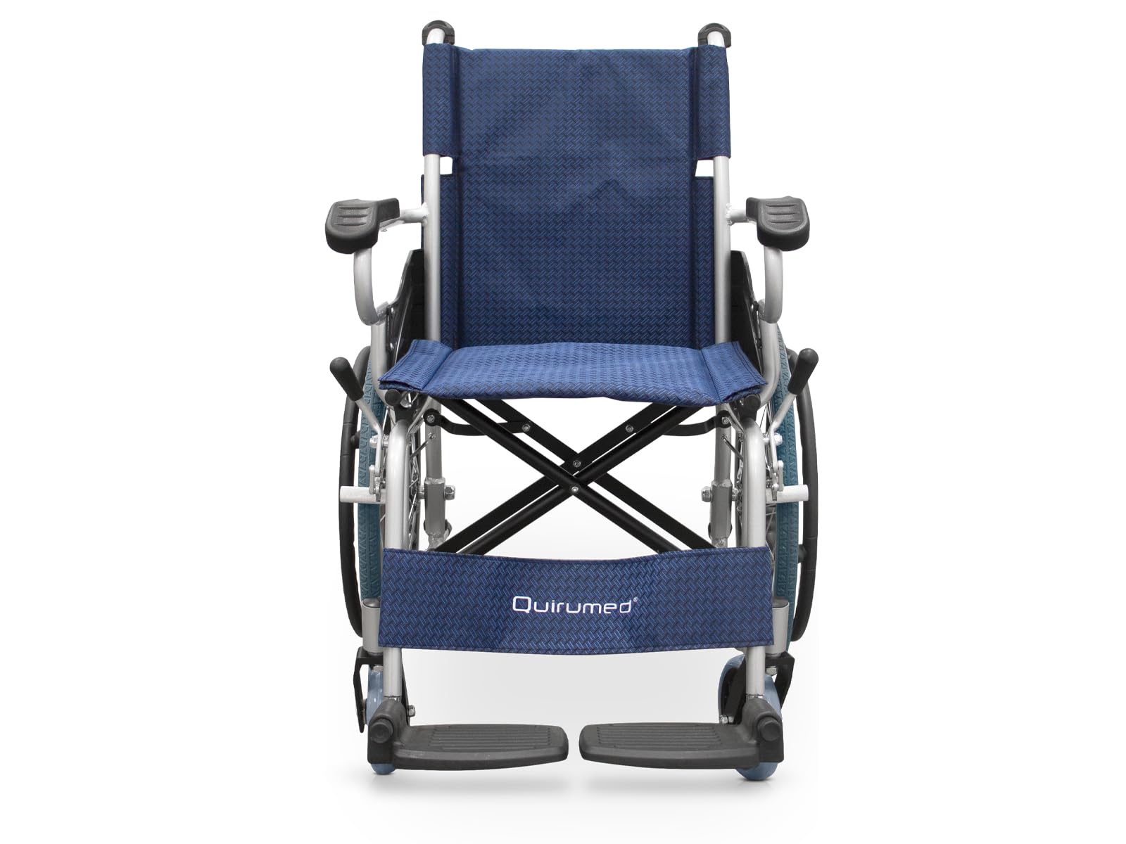 QUIRUMED Silla de ruedas ligera plegable de aluminio, Asiento 44 cm, Reposapiés abatibles, Ruedas macizas, Frenos de mano y en manetas, Para mayores, Para minusválidos