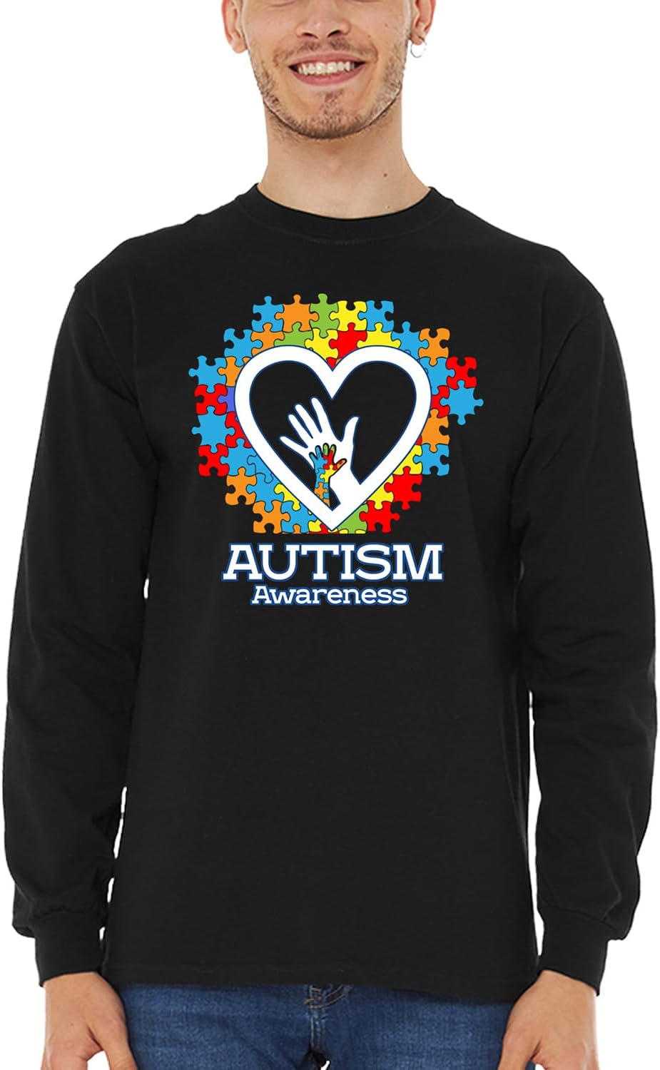 Autism Awareness Hands in Heart Men’s Long Sleeve Shirt – Support Neurodiversity, Autism Acceptance Gift for Men