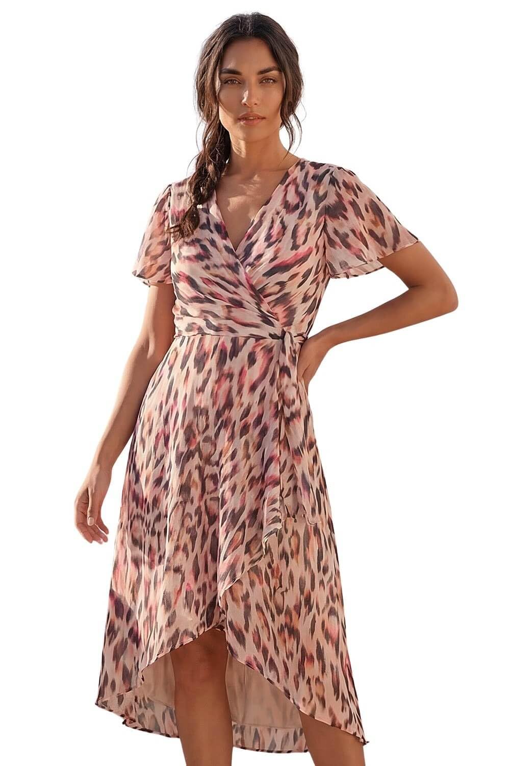 Roman Women's Brown Leopard Ruffle Front Dress In Size 12