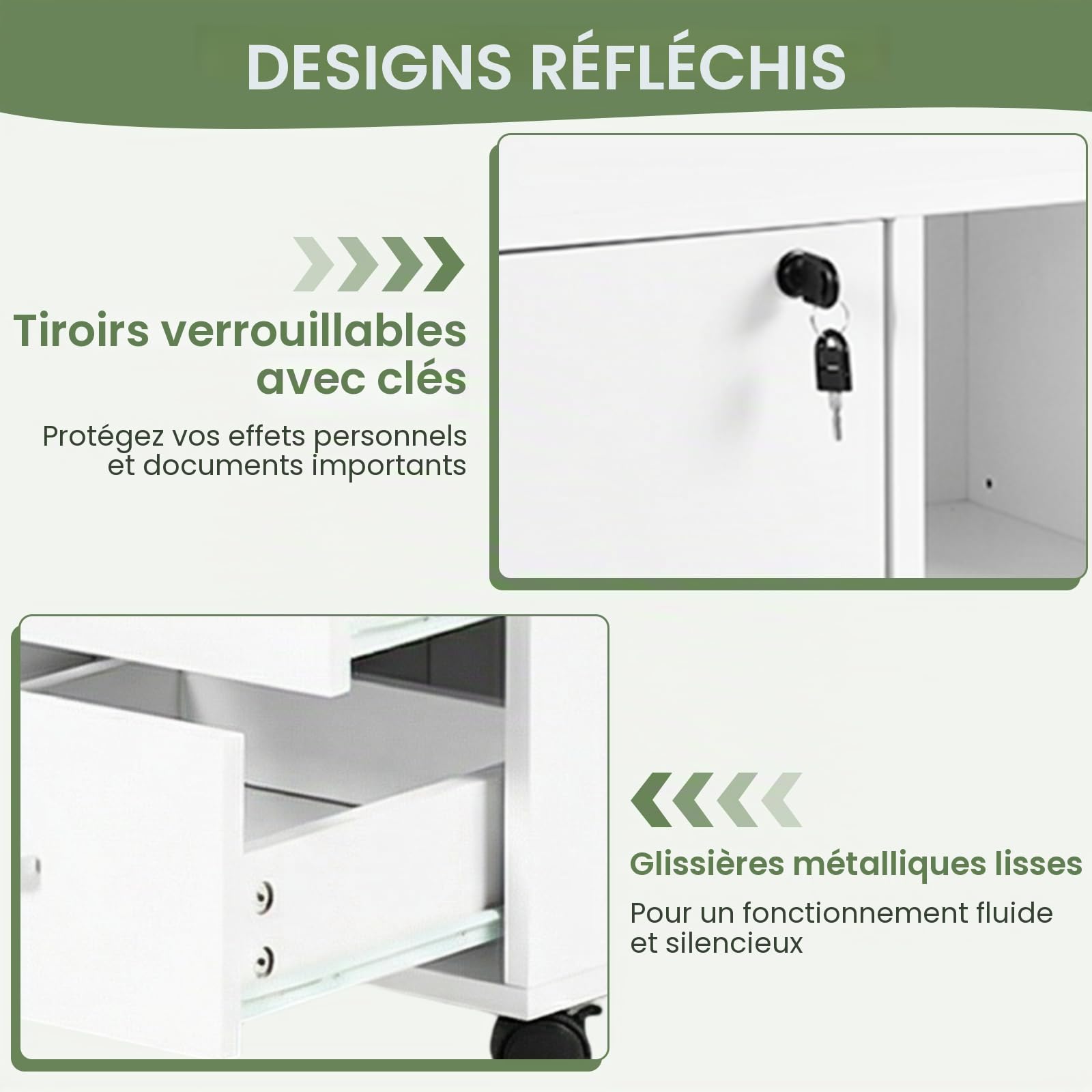 Buybyroom Caisson de Rangement, Meuble Bureau à 4 Roulettes, 3 Tiroirs, 2 Compartiments Ouverts à Étagères Réglables,Verrouillable Armoire sous Bureau pour Papier Administratif, Imprimante,Salon,Blanc