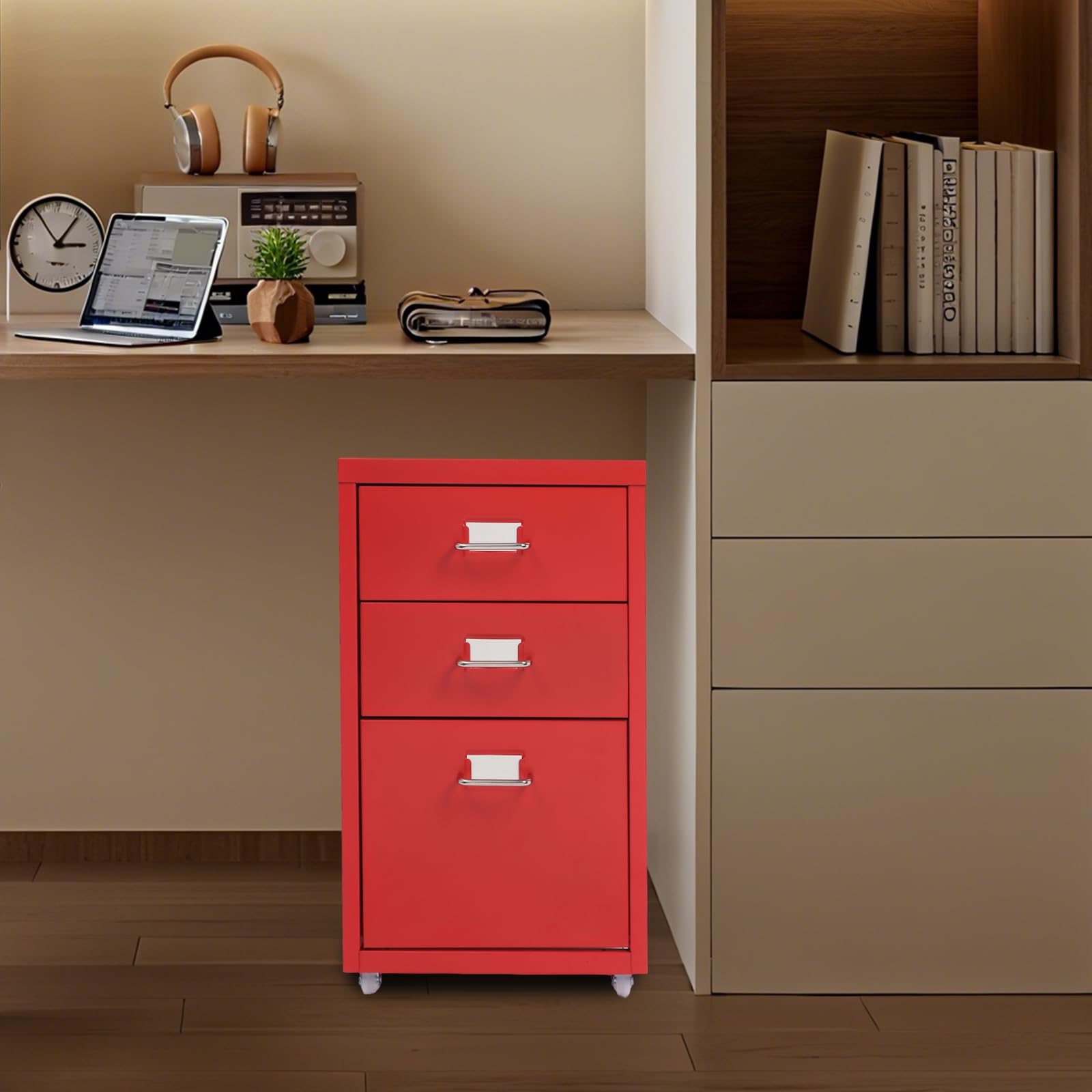 Aktenschrank mit 3 Schubladen Violetter Metall-Aufbewahrungsschrank 41x28x48 cm mit Rollen & Etikettenschlitz & U-förmigen Griffen Moderner mobiler Schrank für Zuhause & Büro (rot)