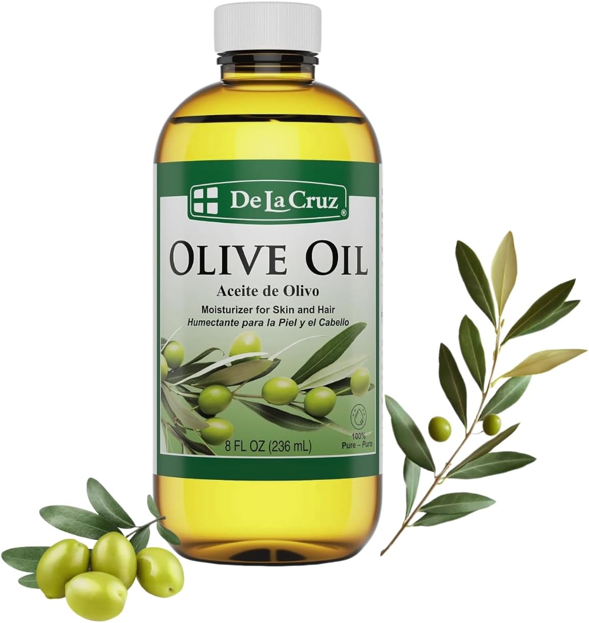 De La Cruz Pure Olive Oil - Natural Expeller Pressed Olive Oil for Hair and Skin - Lightweight Body Oil for Dry Skin 8 Fl Oz